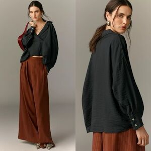 Anthropologie Dylon Long Sleeve Wide Placket Top Black Business Casual Women’s S